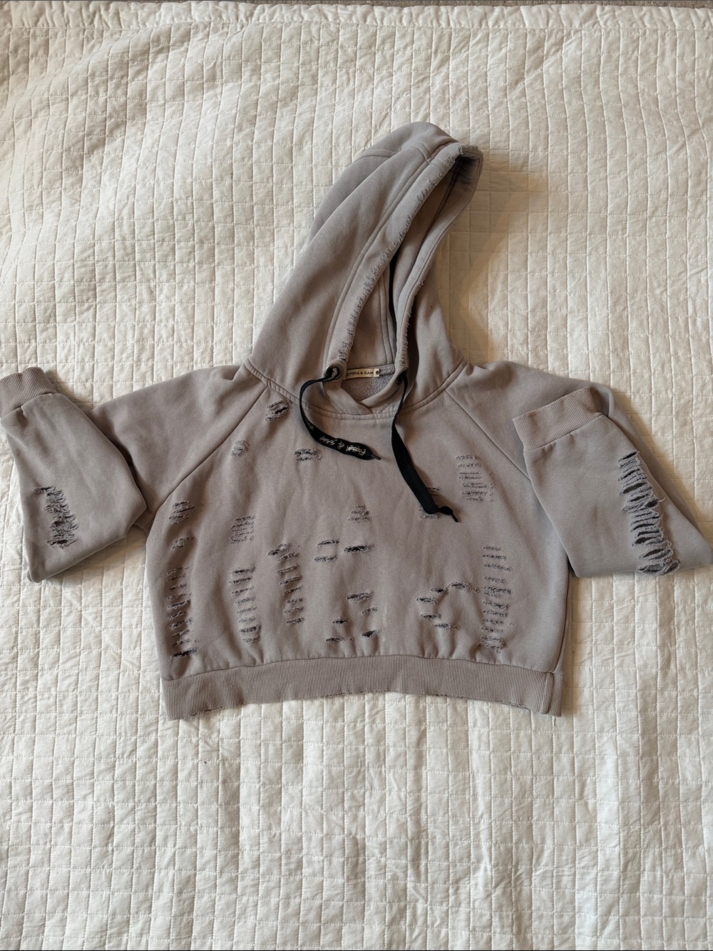 Emma & Sam Gray Distressed Cropped Hoodie with Black Drawstring